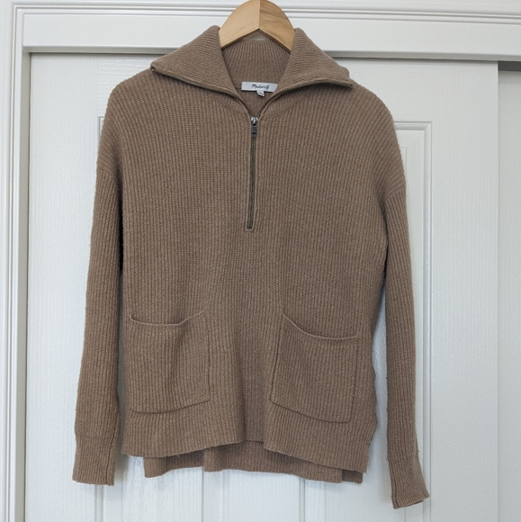 MADEWELL Glenbrook Honey Brown Camel Ribbed Sweater 1/4 Zip Long Sleeve XSmall - Picture 2 of 9